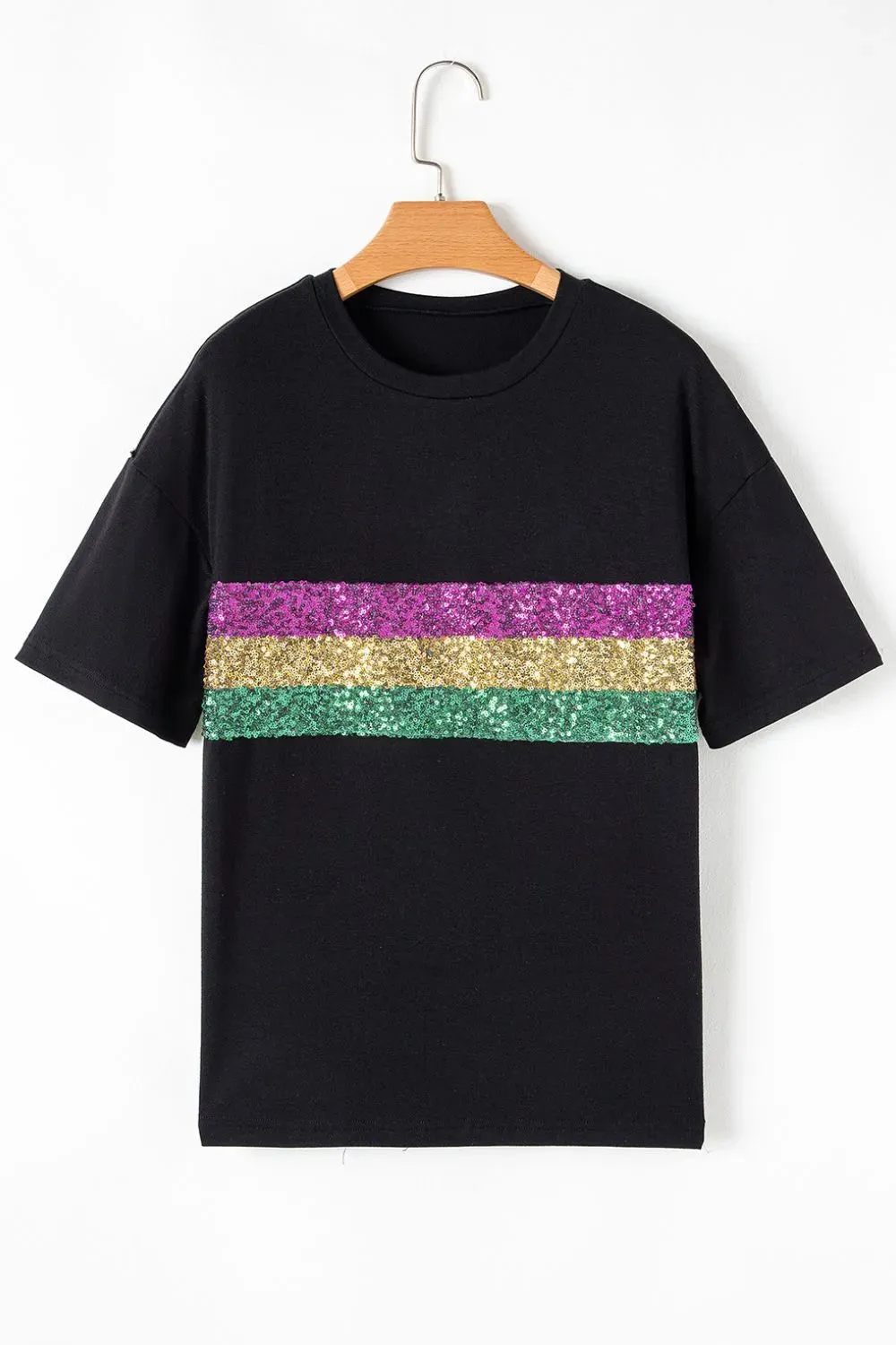 Sequin Stripes Crew Neck T Shirt for Stylish Comfort