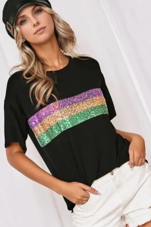 Sequin Stripes Crew Neck T Shirt for Stylish Comfort