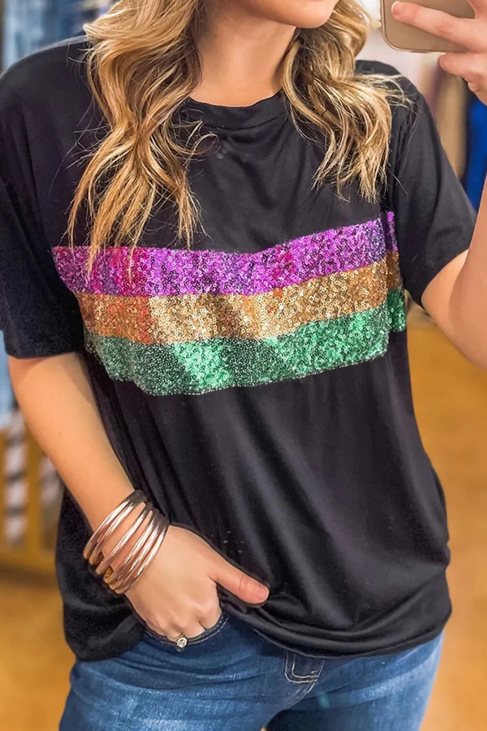 Sequin Stripes Crew Neck T Shirt for Stylish Comfort