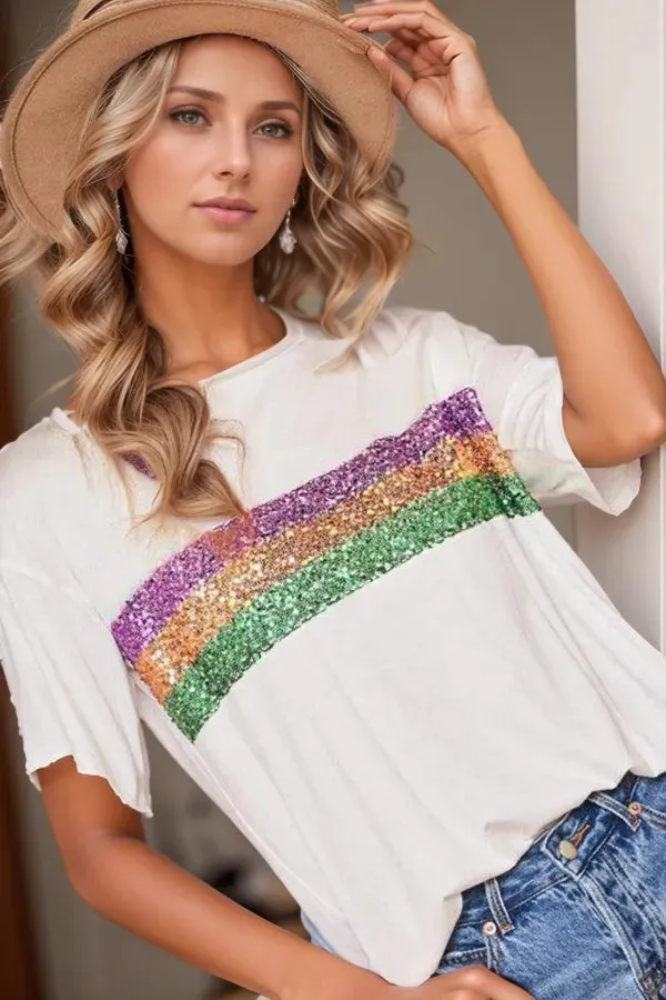 Sequin Stripes Crew Neck T Shirt for Stylish Comfort