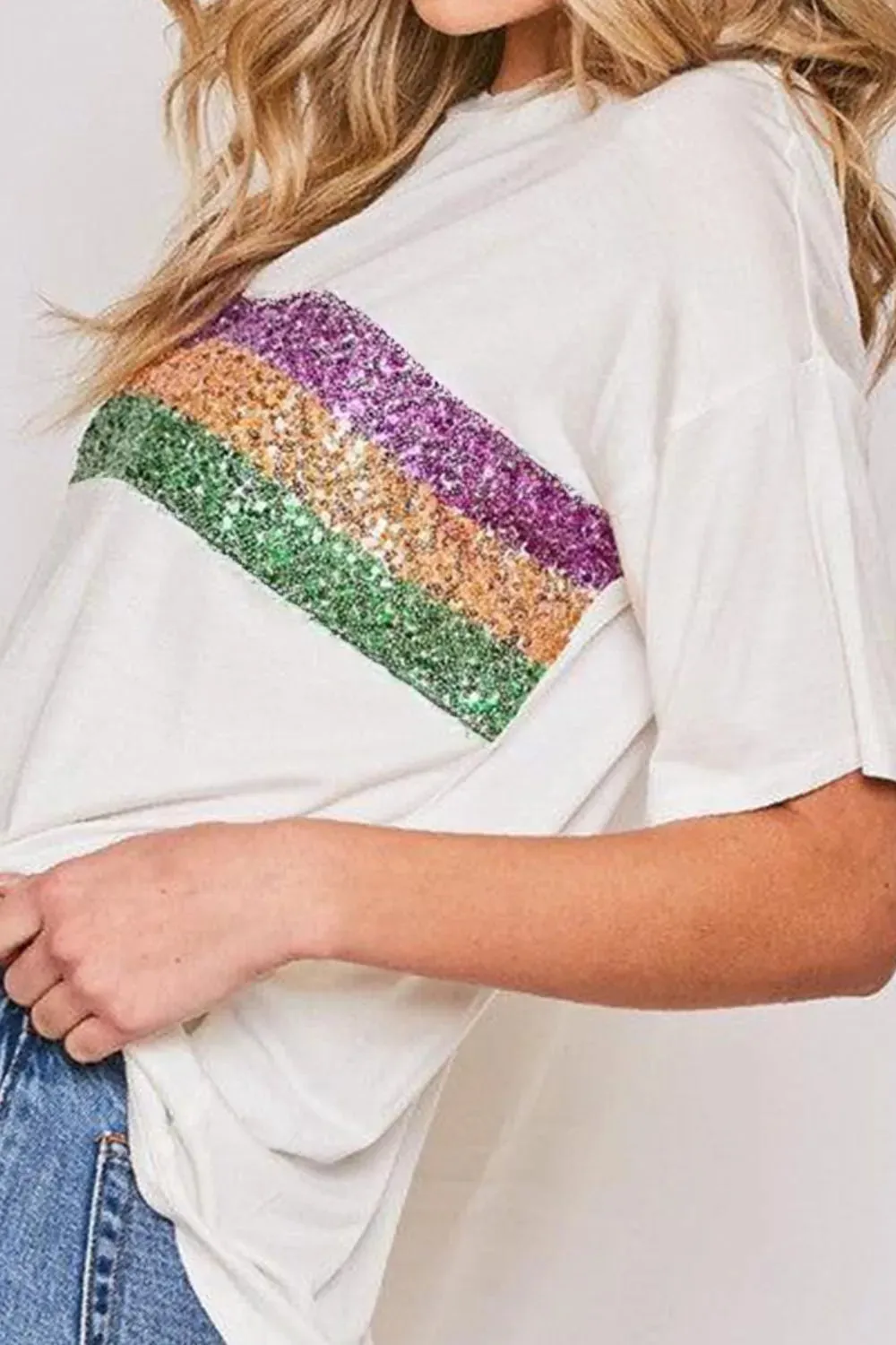 Sequin Stripes Crew Neck T Shirt for Stylish Comfort