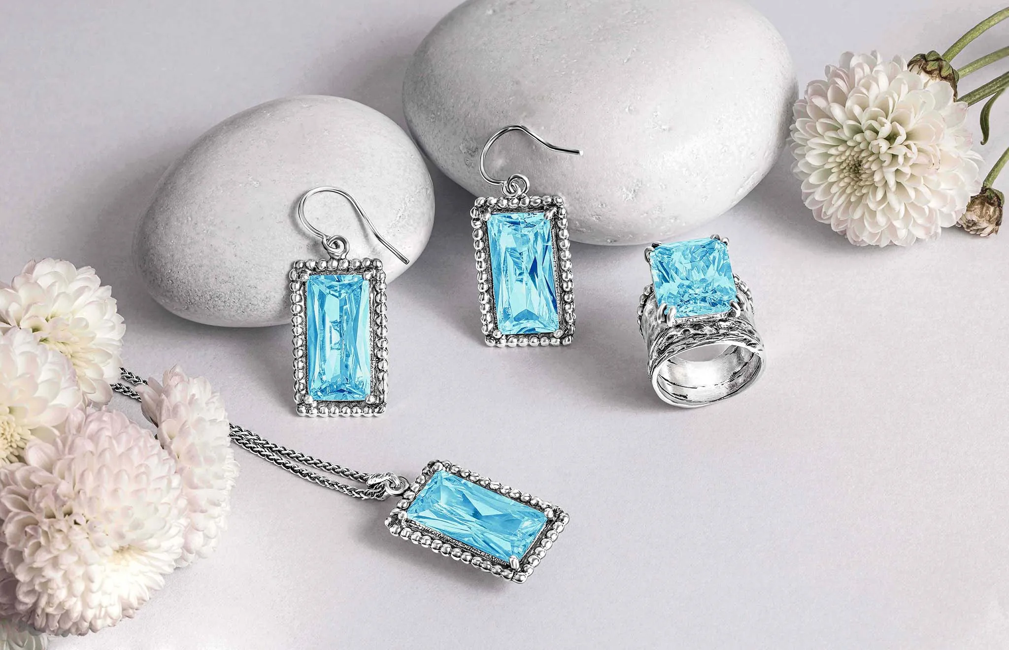 Sterling Silver Aquamarine CZ Baguette Necklace
