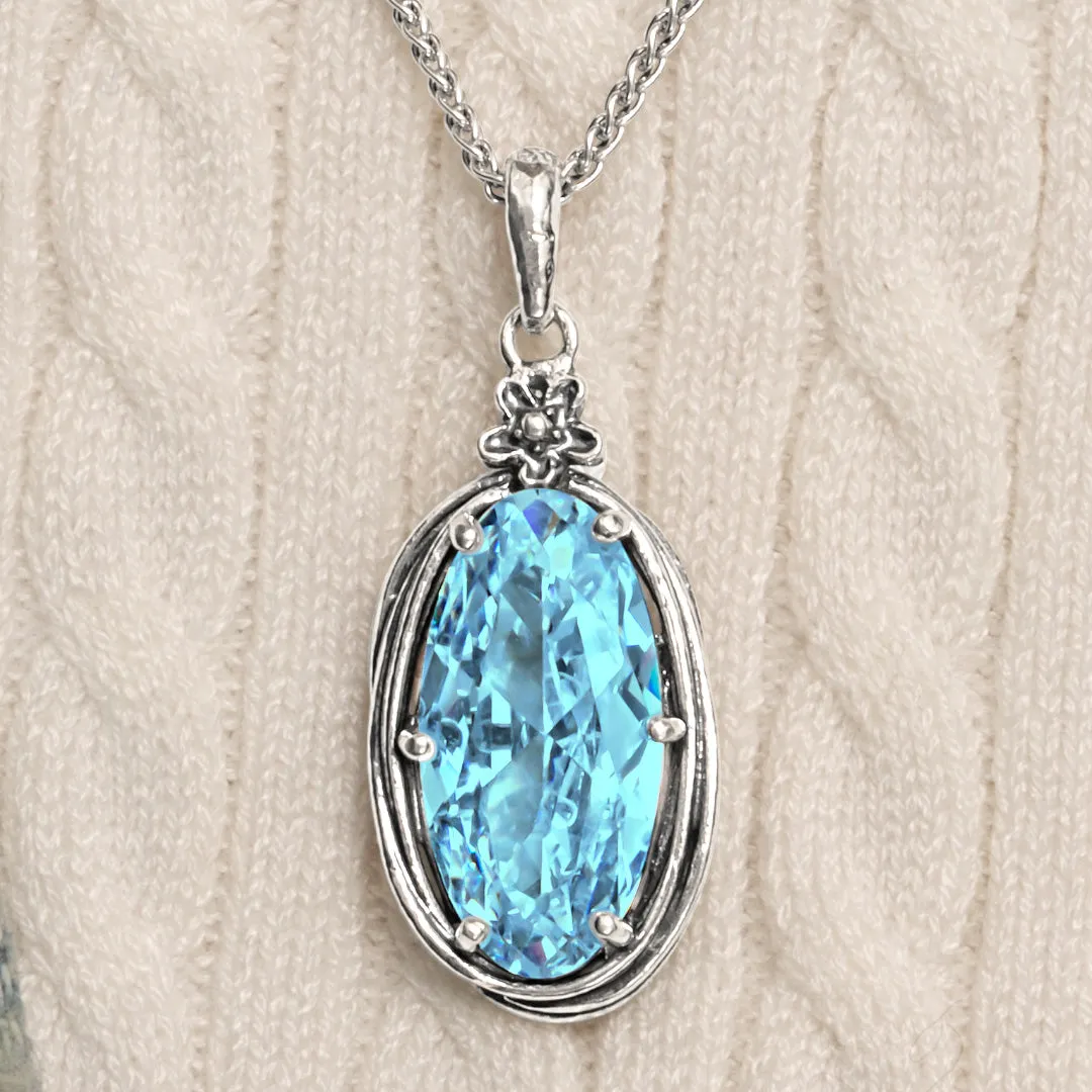 Sterling Silver Aquamarine CZ Floral Wire Wrap Necklace