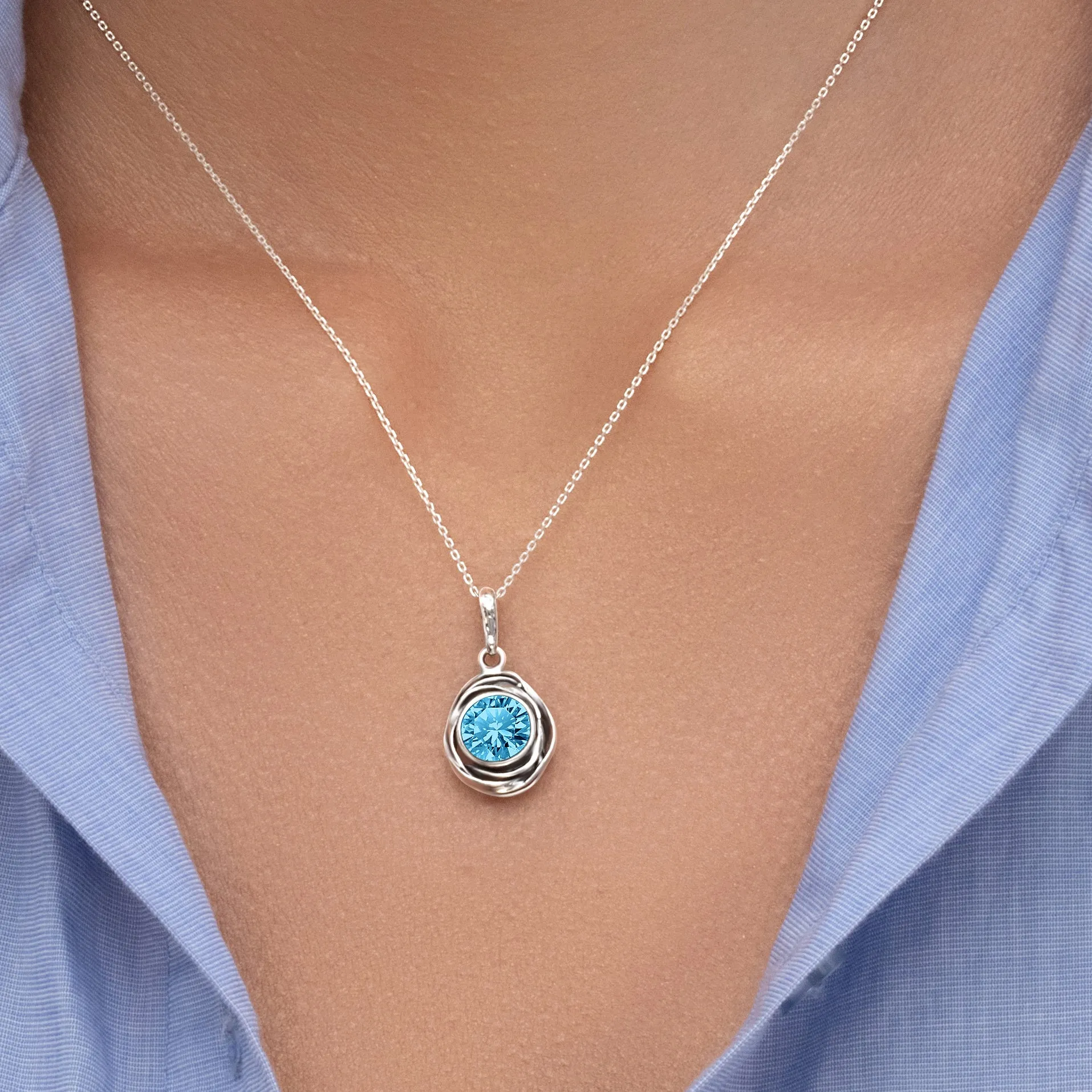 Sterling Silver Aquamarine CZ Pendant Necklace