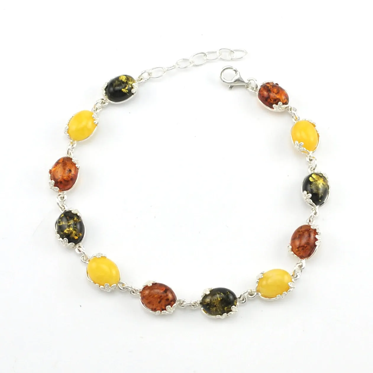 Sterling Silver Multicolored Amber Oval Floral Link Bracelet