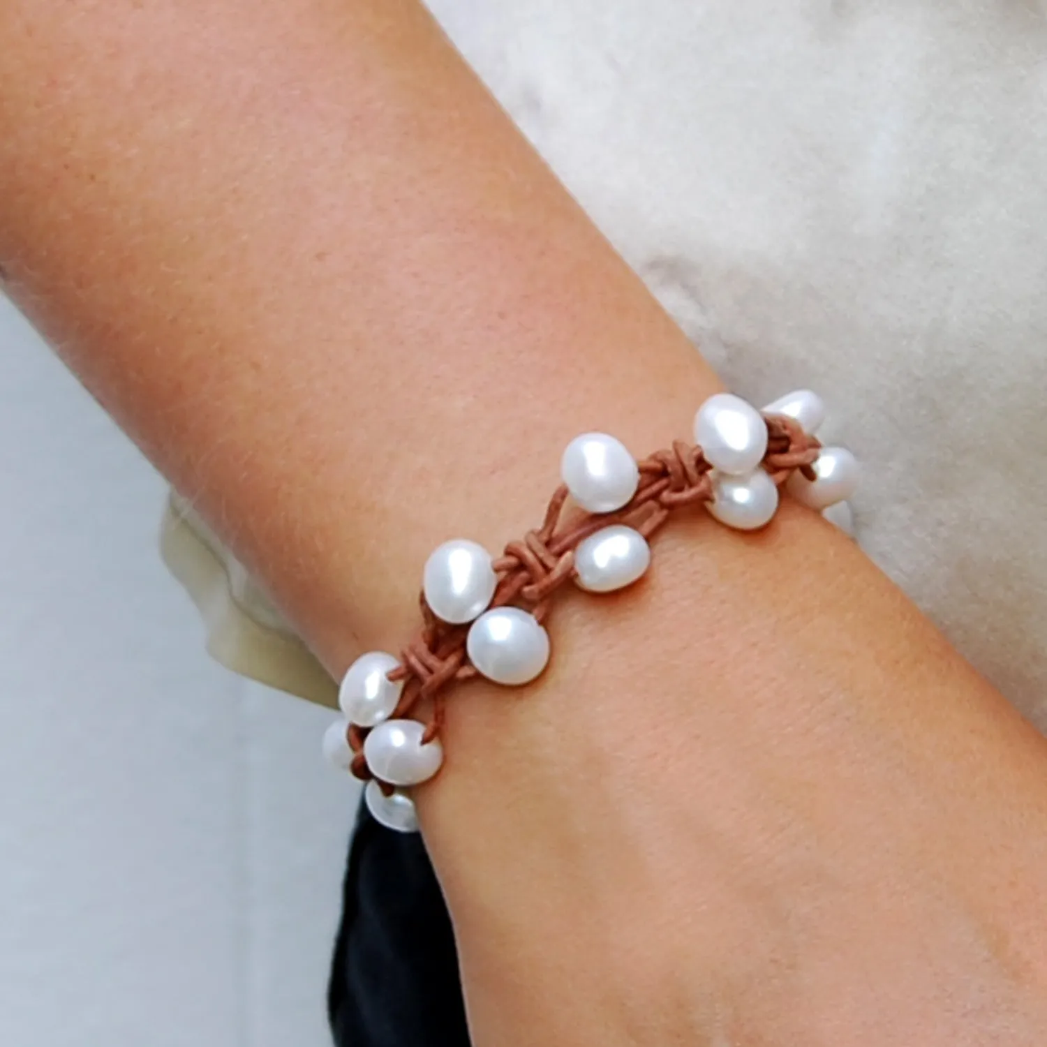 White Freshwater Pearl & Tan Leather 'Warrior' Bracelet