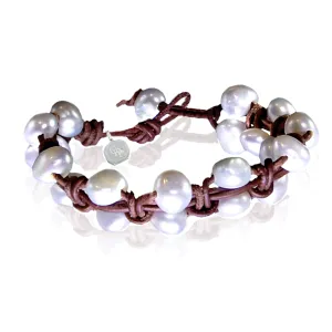 White Freshwater Pearl & Tan Leather 'Warrior' Bracelet